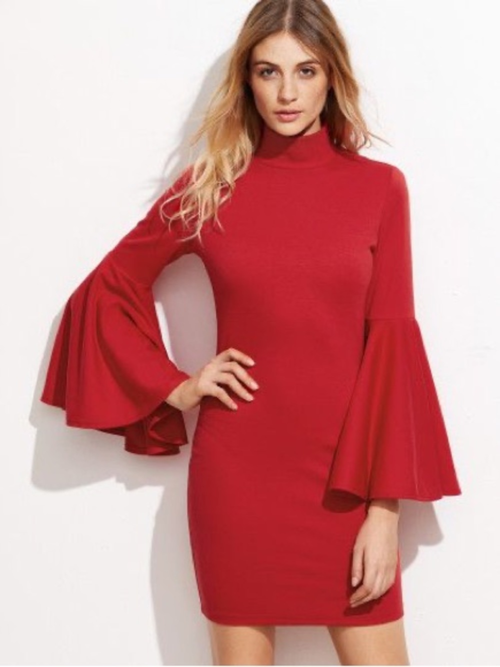 Venus Red Crimson Mock Neck Bell Sleeve Fitted Bodycon Mini Dress Size S